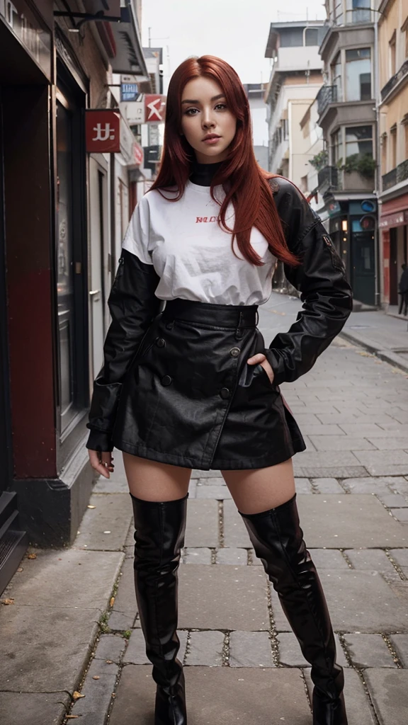 red dyed hair using a white tight caffarena. black skirt. black knee high boots. Black stockings. Instagram style photo, detailed face, UHD, front view, show full body