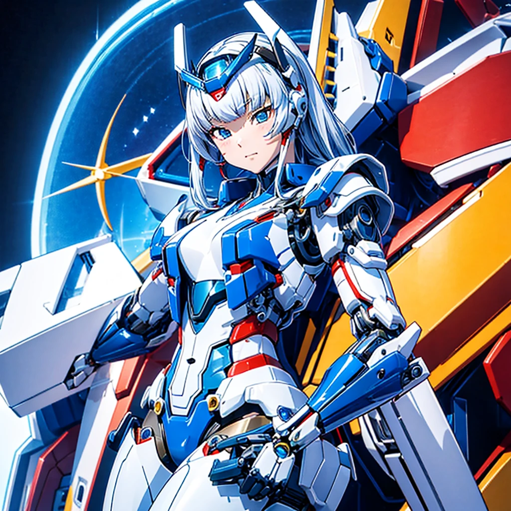 masterpiece, high quality, During the mechanized modification operation、Heian Sumire, who has been turned into a mechanical body cyborg、Gynoid cyborg body modification surgery、Blue and white leotard armor、A precisely mechanized body、Single image、from the front,Put the whole body
