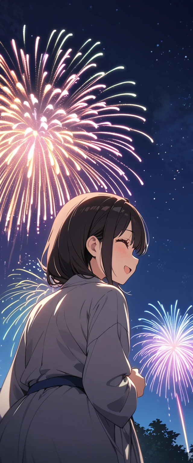 (masterpiece:1.2),(Highest quality),(Very detailed),(High resolution),8k,wallpaper,(1 female:1.5),Anime illustration,Chibi Character,cute,Girl in yukata,Look up at the sky and watch the fireworks,Back view,break((Fireworks fill the night sky,beautiful Fireworks,Colorful fireworks)),(Beautiful night sky),(Happy expression:1.5),((From below:1.5)),(dynamic),Raise your arms,(Fine hand)