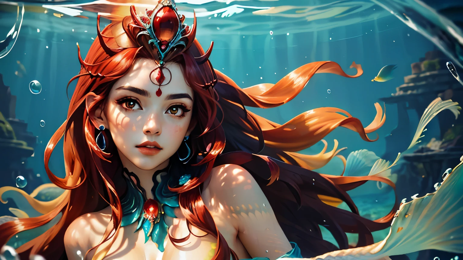masterpiece, best quality), intricate details, (Best quality)), ((masterpiece)), ((realistic)), (hyperrealism:1.2), (fractal art:1.2), (1girl), (perfect face:1.3), ((red long hair)), extreme detailed eyes, colorful, highest detailed, Nami, fishbody, mermaid, scales, tail, water, ocean, waves, orange eyes, yellow green hair, (mermaid), (detailed fish), (glowing jellyfish, shining jellyfish:1.2), (bubbles:1.2), seaweed, (under the sea), water streaks, vibrant colors, high contrast, (8K UHD:1.2), (photorealistic:1.2), wearing dark grey metallic diadem with red ruby in center, dark grey metallic necklace