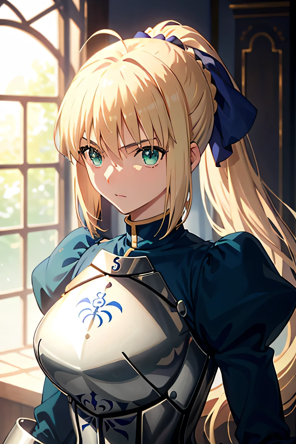 masterpiece、Highest quality、High resolution、ph saver、ph Artoria、Anime Women、solo、armor、Big Breasts、A woman with very large breasts、armored leotard、Shine、my、breastplate、leotard sleeve withan puffy sleeve、leotard bottom with an high leg、Hair Bun、bionde、Green Eyes、braided ponytail、bangs、blue bow in hair、Upper Body、