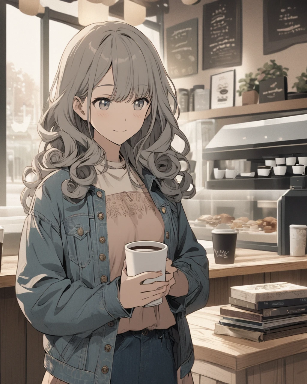 Create a detailed anime illustration of a girl with curly, shoulder-length hair and a chic, casual outfit, including a denim jacket, a floral dress, and ankle boots. She is standing in front of a coffee shop, holding a cup of coffee and a book, with a content smile. Use a warm, muted color palette for the background to accentuate the cozy and inviting atmosphere.