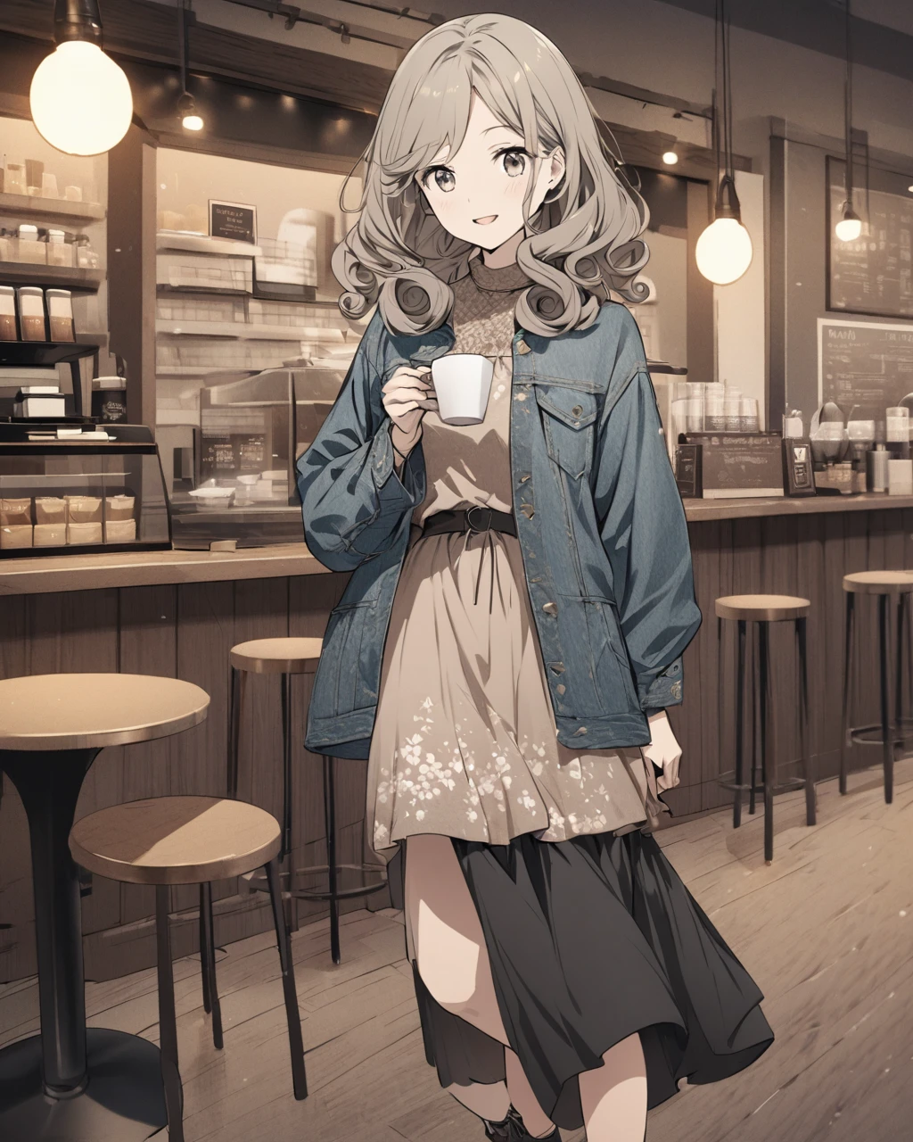 Create a detailed anime illustration of a girl with curly, shoulder-length hair and a chic, casual outfit, including a denim jacket, a floral dress, and ankle boots. She is standing in front of a coffee shop, holding a cup of coffee and a book, with a content smile. Use a warm, muted color palette for the background to accentuate the cozy and inviting atmosphere.