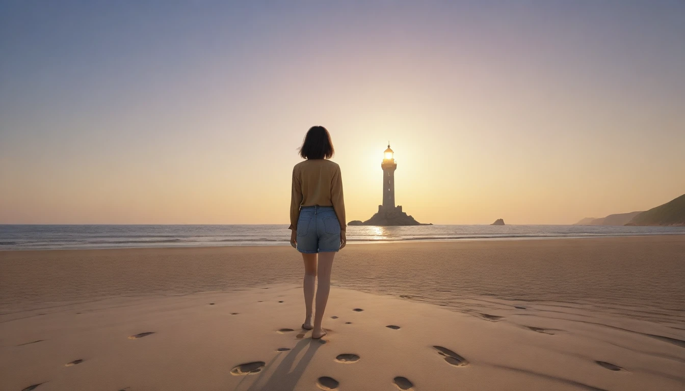 8k realistic, lifelike photo, realistic, long deserted beach, 36 year old Korean woman, Short in stature, front view, tower, shorts, short medium hair, Woman walking along the beach at sunset. Full body shot from afar with a wide angle lens , burning sunset light, 1 woman, Short in stature, looking at the camera