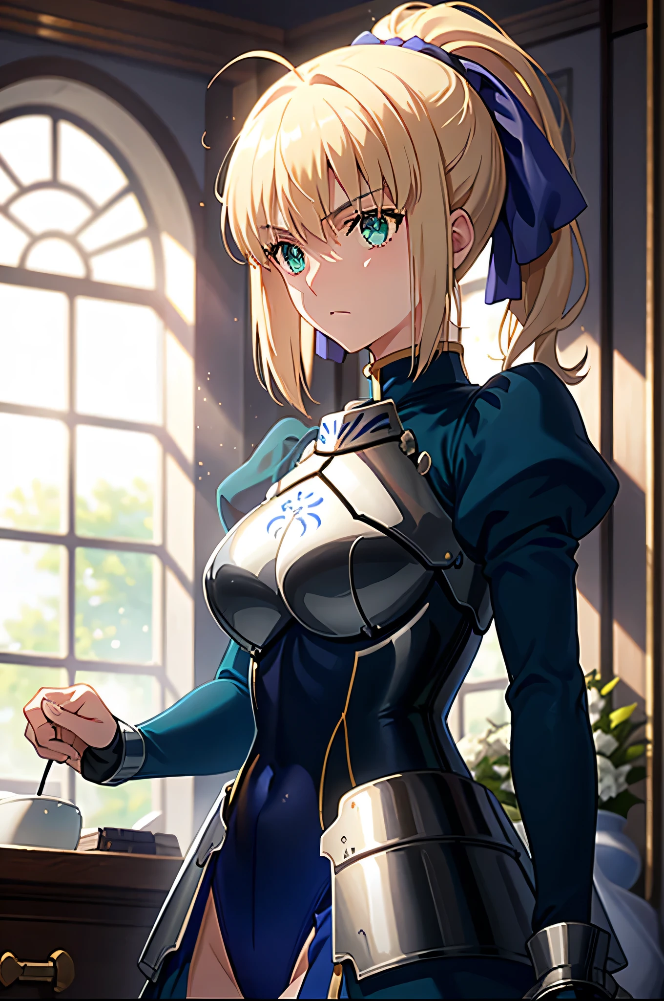 masterpiece、Highest quality、High resolution、ph saver、ph Artoria、Anime Women、solo、armor、Big Breasts、A woman with very large breasts、armored leotard、Shine、my、breastplate、leotard sleeve withan puffy sleeve、leotard bottom with an high leg、Hair Bun、bionde、Green Eyes、braided ponytail、bangs、blue bow in hair、Upper Body、
