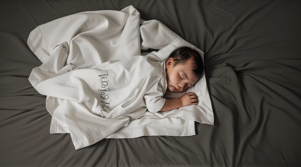there is a baby Sleep on a bed with a blanket, faint, rest on a tough day, rest, abcdefghijklmnopqrstuvwxyz, Almost dozing off, Inspired by Federico Barrocchi, rest after a hard fight, There's a full potty next to it, rest on a pillow, Sleep, Lying in bed