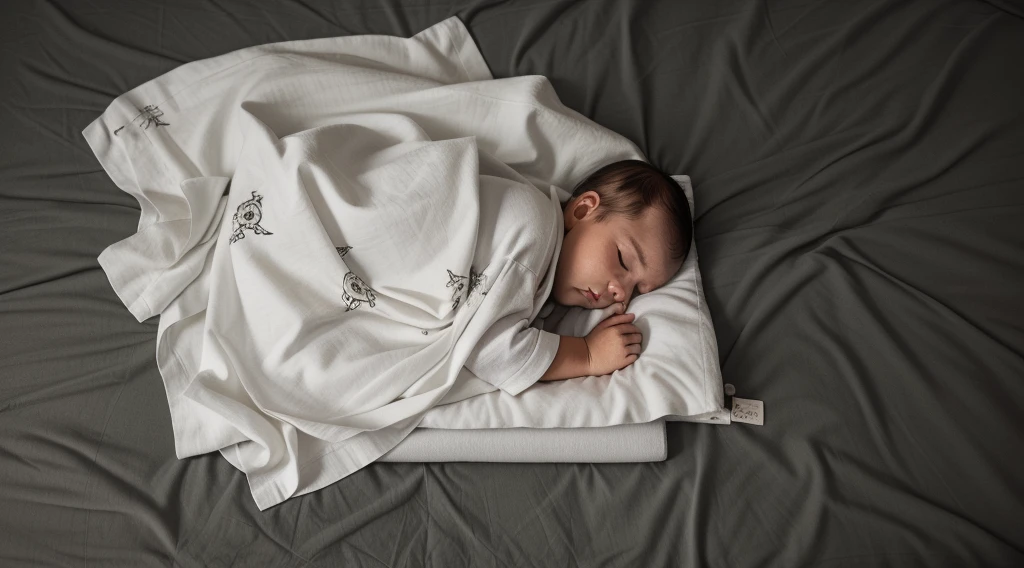 there is a baby Sleep on a bed with a blanket, faint, rest on a tough day, rest, abcdefghijklmnopqrstuvwxyz, Almost dozing off, Inspired by Federico Barrocchi, rest after a hard fight, There's a full potty next to it, rest on a pillow, Sleep, Lying in bed