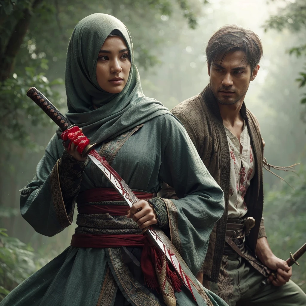 realistic image of a beautiful hijab woman, super detailed and realistic, green forest background, Chinese traditional clothes, carrying a sword there is a little thick red ink, fight with handsome man carrying stick casual clothes, the man collapsed, ultra hd 8k realistis, add light and shadow effects, facial details such as wrinkles and detailed vicious expressions on the hands and feet, looks extreme.