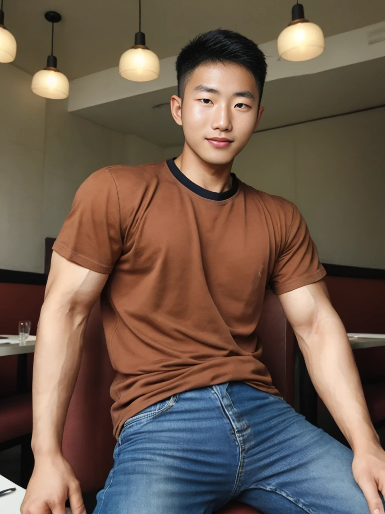 ((realistic daylight)) , Young Korean man in a simple brown t-shirt only, no pattern, denim shirt, and jeans., A handsome, muscular young Asian man looks at the camera. , in the restaurant ,turn sideways
