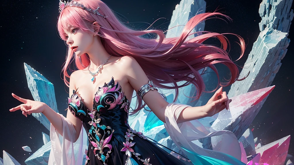 Highest quality,masterpiece,16K,One girl, bangs, Exposing shoulders, chest, Crown, crystallization, dress, From the side, gem,Colorful crystallizations,Crystal Headwear,There are many crystallizations on the clothes,Colorful Gradient Hair,カラフルなdress,Colorful crystals floating,Body crystals,Crystal Necklace,Colorful crystallization decoration,crystalline girl, Gradient Hair, jewelry, Long Hair, compensate, medium chest, Multicolored Hair, Pink Hair, alone, tiara