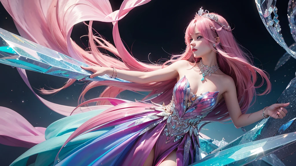 Highest quality，masterpiece，16K，One girl, bangs, Exposing shoulders, chest, Crown, crystallization, dress, From the side, gem,Colorful crystallizations,Crystal Headwear,There are many crystallizations on the clothes,Colorful Gradient Hair,カラフルなdress,Colorful crystals floating,Body crystals,Crystal Necklace,Colorful crystallization decoration,crystalline girl, Gradient Hair, jewelry, Long Hair, compensate, medium chest, Multicolored Hair, Pink Hair, alone, tiara