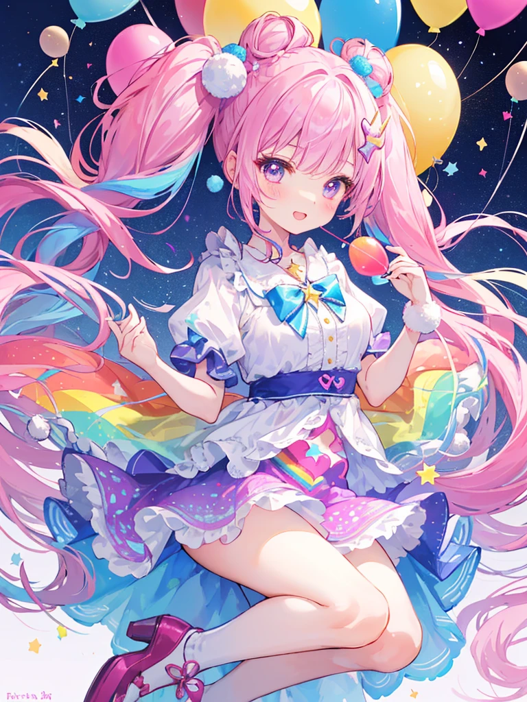 (whole body, legs and shoes visible: 1.2)) Expressive eyes, One girl, Pale skin, Long Hair, Windblown Hair, ((absurdly Long Hair)), Long Side Lock, Princess bangs, Hair bangs, Hair Bun, ((Very long twin tails)), Rainbow Hair, Light pink hair, blush, full face blush, big sparkling Pastel Purple eyes, (Gradient Eye), Laughing with your mouth open, cute pose, ((Holding a balloon : 1.3)) ((cute and pastel fashion)) ((🦄🎠🎈🎉 theme : 1.4)) A loose pastel dress, ((Dreamy multi-colored open dress)), (Floating ribbon), Lavender Frill, Pink frills, (Light blue lace), Removable short sleeves, Fluffy skirt, ((Rainbow and star printed skirt : 1.3)), ta Skirt, Purple ribbon, ((pom pom ribbon hair ornament : 1.4)), Multiple Bows, Striped lace stockings, (heart型のレッグガーター), cute (Pastel Purple) shoes ((Ultra-detailed clothing and fashion)) I'm watching you, Vintage Girl, blush, (Beautiful attention to detail), (Highly detailed CG Unity 8k wallpaper) (Best Shadow), ((Very delicate and beautiful)), (Detailed light), ((Depth of written boundary)) Big Head, Big, bright eyes, Moe, Splash Art, Cinema Lighting, Front view, volumetric lighting maximalist photo illustration k resolution high resolution intricate detailed complex key visuals precise linear ((Dreamy pastel sky background, Surrounded by sunset clouds, shooting star, Castle above the clouds)) ((Ultra-detailed landscapes, Foggy clouds, Hung by balloons, heart : 1.3))