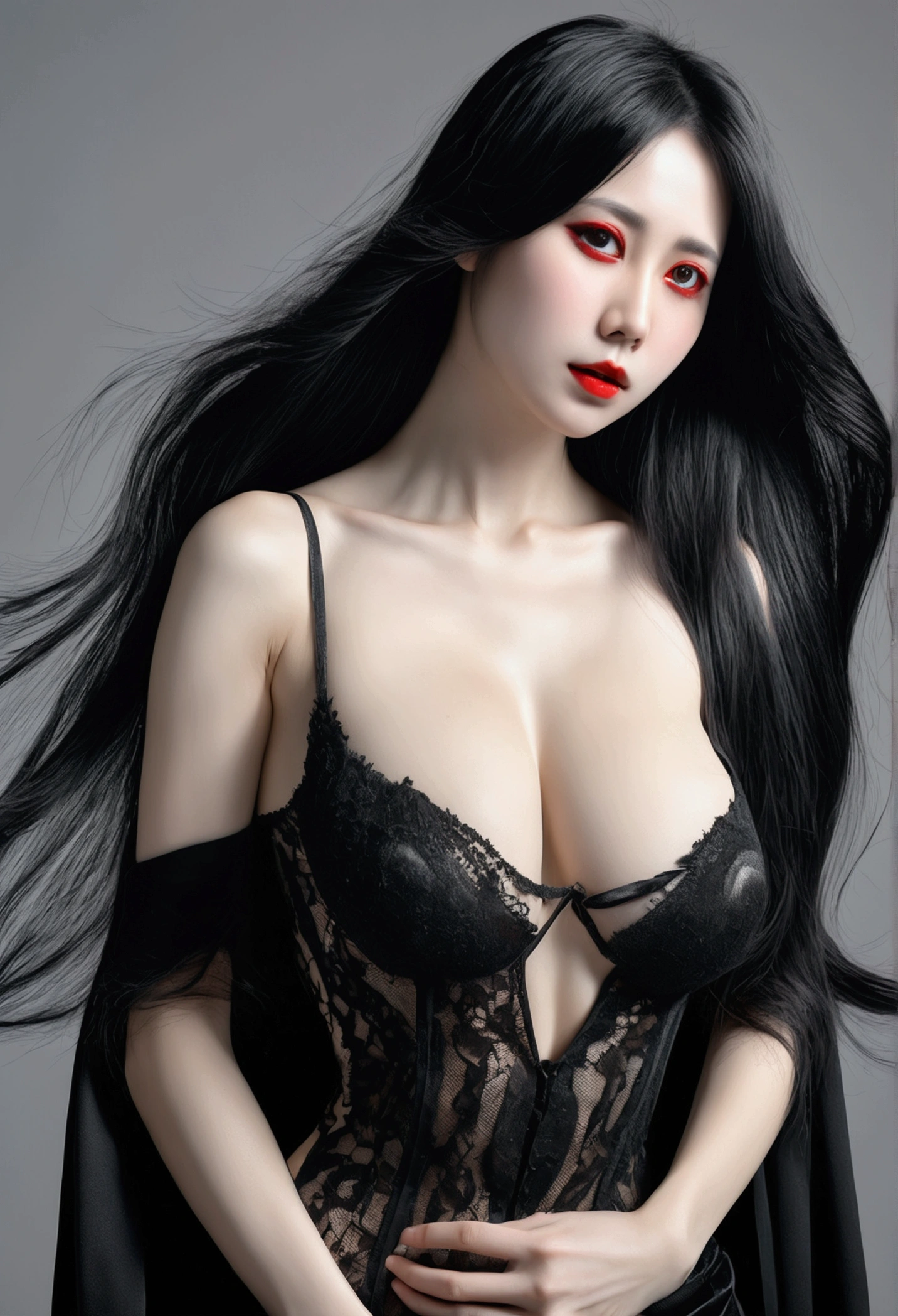 Highest quality, masterpiece, Ultra-high resolution, (Photo Real:1.4), Surrealism, dream-like,Fusion Art, Shadow Dancer, Shadow magic,Red-eyed black-haired vampire、Shiny and beautiful black hair、Terribly long black hair、Her black hair shines so beautifully、D Cup、Natural Breasts、Natural breasts、Expose、Nipples、Soft 、clear、Saggy breasts、Large breasts、Ripe Milk、anorexia、Super super long hair、Hair length（approximately）.５Metery hair is fluttering、Straight black hair、Black hair longer than height