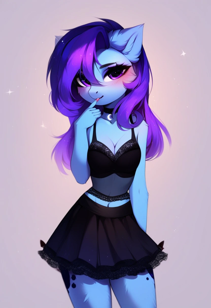 check_9, check_8_up, check_7_up, source_fluffy, rating_safe, from Magnaluna, Luna poses seductively in a gothic bedroom, antro, blushing, blue body, purple mane, black lingerie skirt
