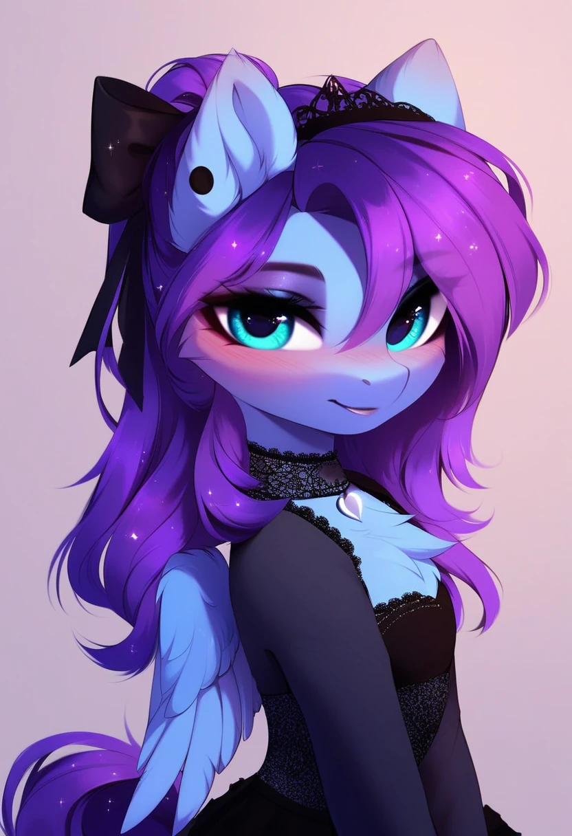 check_9, check_8_up, check_7_up, source_fluffy, rating_safe, from Magnaluna, Luna poses seductively in a gothic bedroom, antro, blushing, blue body, purple mane, black lingerie skirt