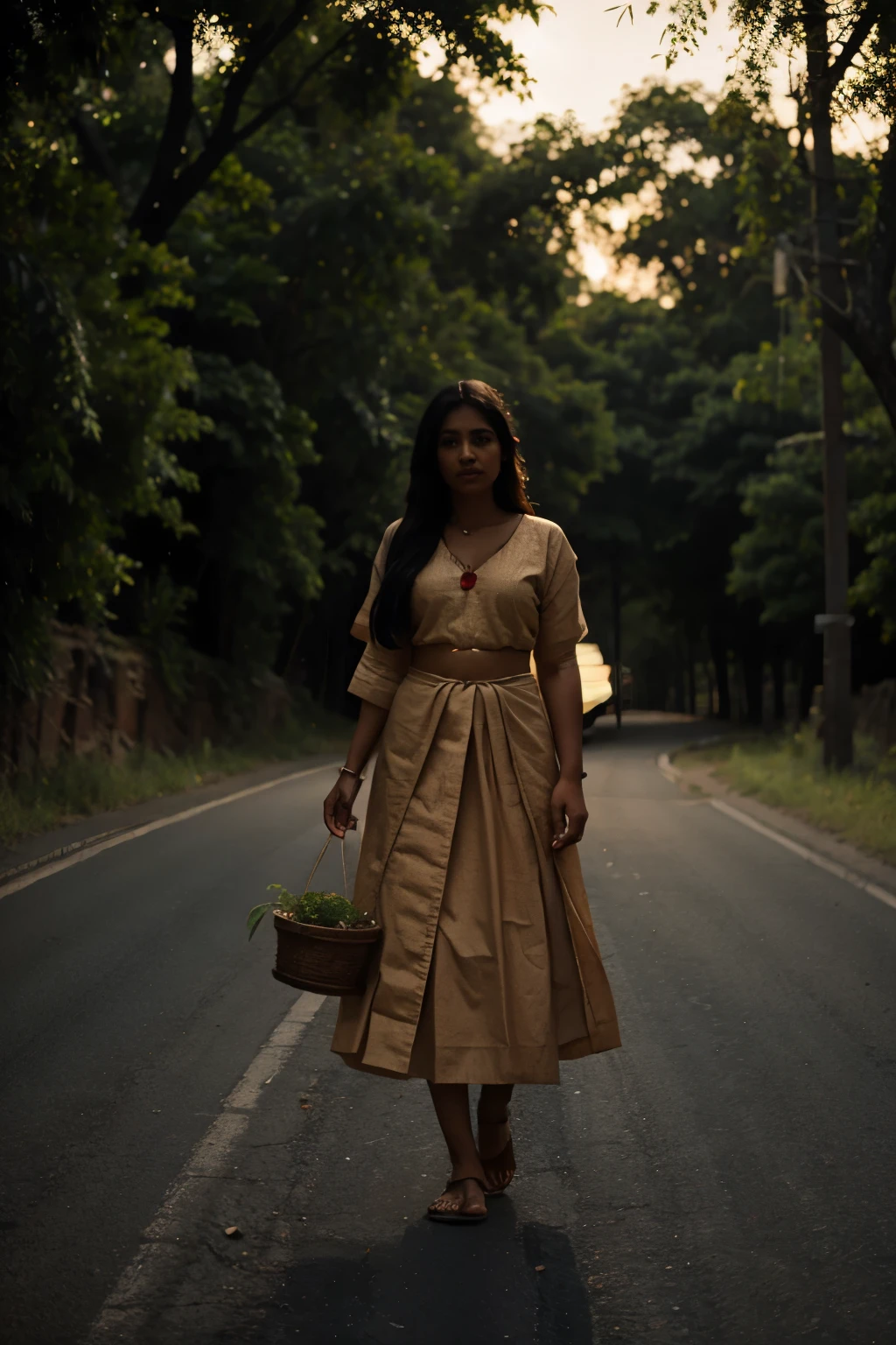 Indian woman in traditional clothing levitating plants on a dark deserted road