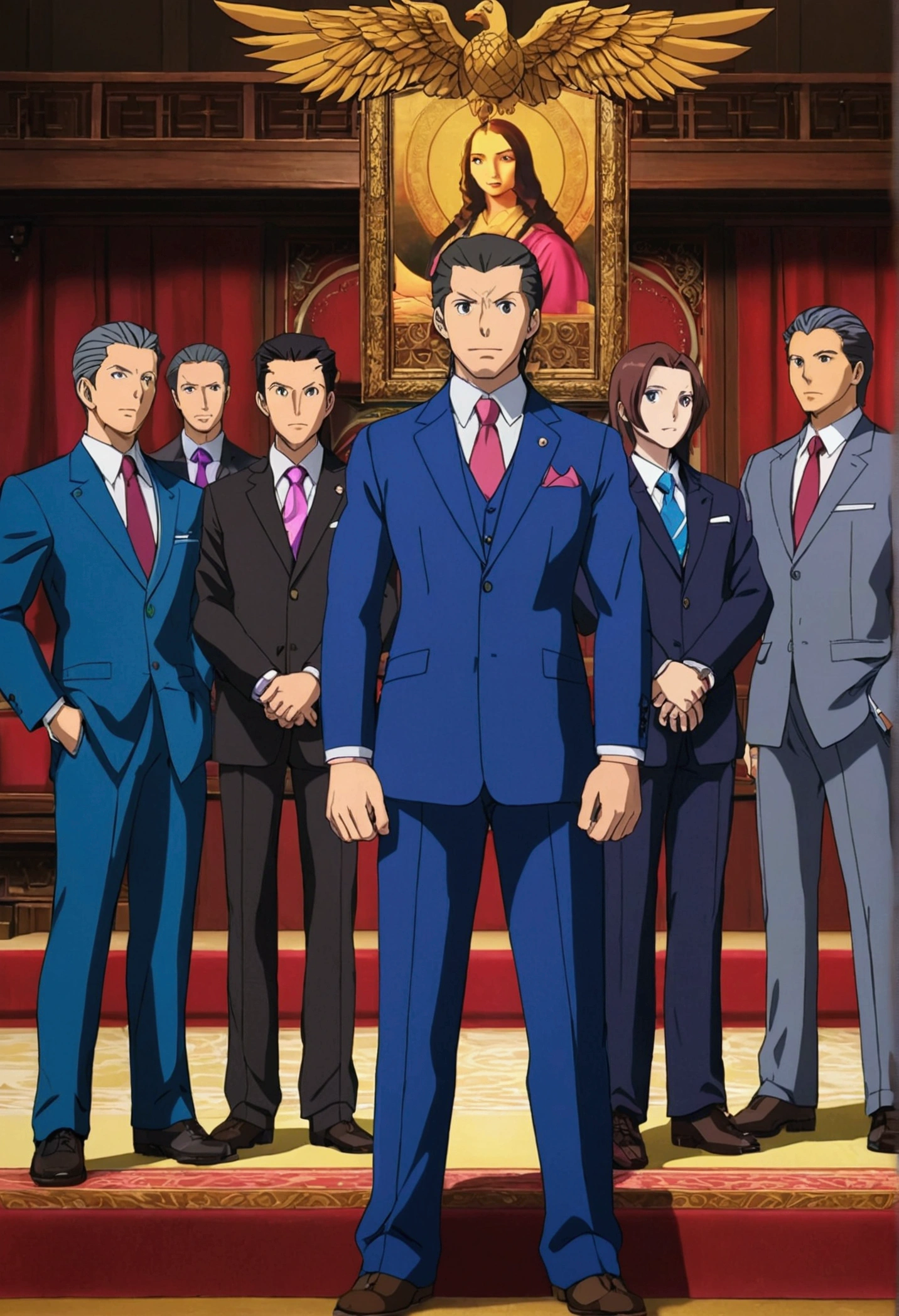 arafed image of a group of people in suits standing in front of a stage, korean pastors, evangelists, official art, still from tv anime, phoenix wright, sankakucomplex anime image, mona lisa painting style, official anime still, promotional art, in phoenix wright ace attorney, wearing suits!, screenshot from the anime film, wearing a suits