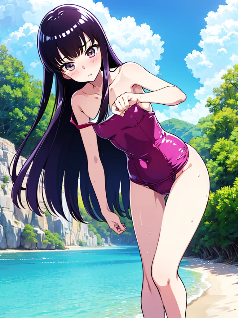 Random patterned swimsuit、Swimsuit,,Blushing、Pale brown eyes、Dark purple hair、Semi-long hair、Head to toe full body、Blushing、Embarrassed look、Composition from the front、A view from slightly below、school swimwear、Acme Face、Random pose、, 、nsfw、Highest quality、1 girl、solo、Ocean、Sandy Beach、Sexy pose、Random pose、Blushing、wet、Embarrassed、I can see half of my 、、One piece swimsuit、(Strap slip:1.3)、Swimsuit