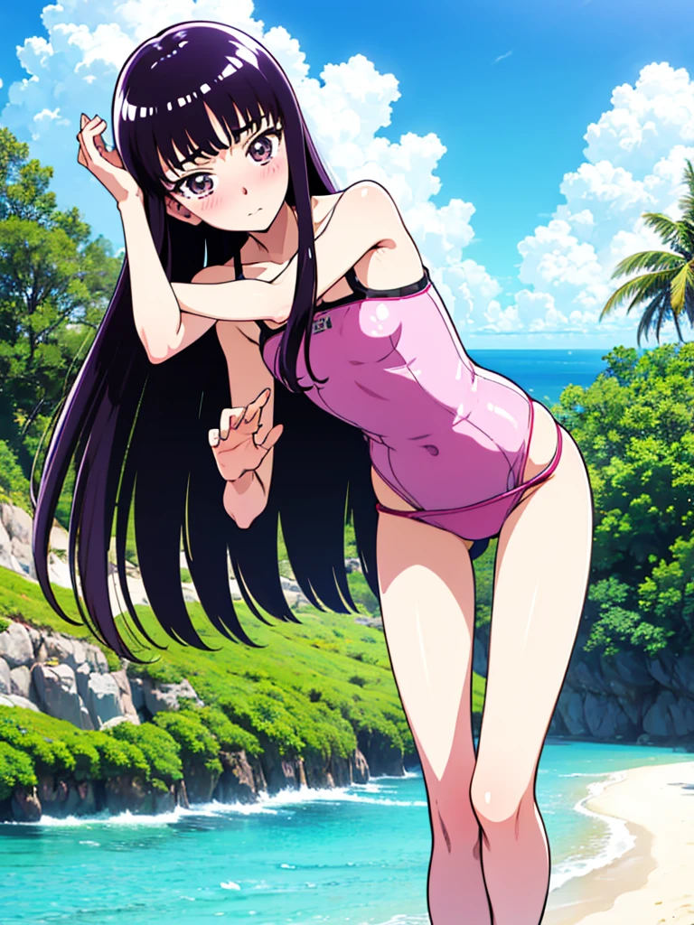 Random patterned swimsuit、Swimsuit,,Blushing、Pale brown eyes、Dark purple hair、Semi-long hair、Head to toe full body、Blushing、Embarrassed look、Composition from the front、A view from slightly below、school swimwear、Acme Face、Random pose、, 、nsfw、Highest quality、1 girl、solo、Ocean、Sandy Beach、Sexy pose、Random pose、Blushing、wet、Embarrassed、I can see half of my 、、One piece swimsuit、(Strap slip:1.3)、Swimsuit
