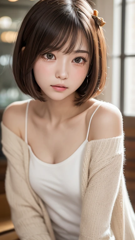 Tabletop, Highest quality, One Girl, (beautiful girl, Delicate girl:1.3), (23 years old:1.3), Definition of very fine particles, (Symmetrical eyes:1.3), bar counter, ( Off the shoulder、White camisole、Loose cardigan:1.2), Small breasts, Cleavage、Brown eyes, Show your forehead, Brown Hair, (Eye and facial details:1.0), (RAW Photos, Film Grain, chromatic aberration), (Bokeh: 1.1),,thin、Tear bags、Tanuki face、Drooping eyes、bob cut、Headband
