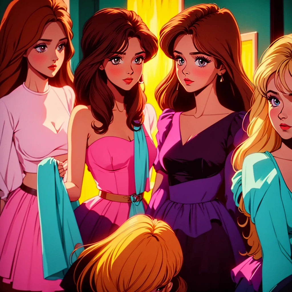 Busty brown haired mother and flat chested blonde teen daughter with seductive looks (bright and vivid colors) (High contrast) (evening light) (salon)