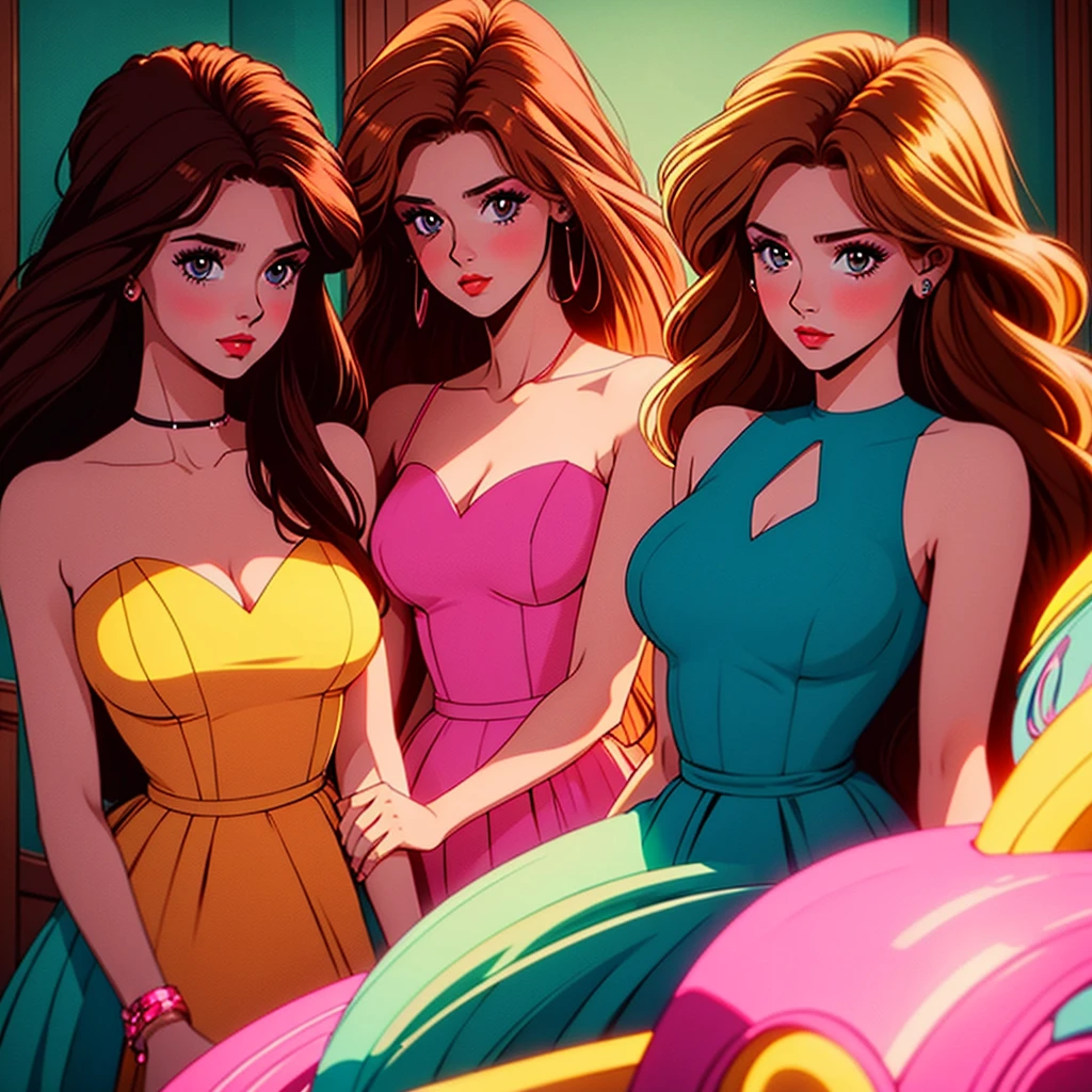 Busty brown haired mother and flat chested blonde teen daughter with seductive looks (bright and vivid colors) (High contrast) (evening light) (salon)
