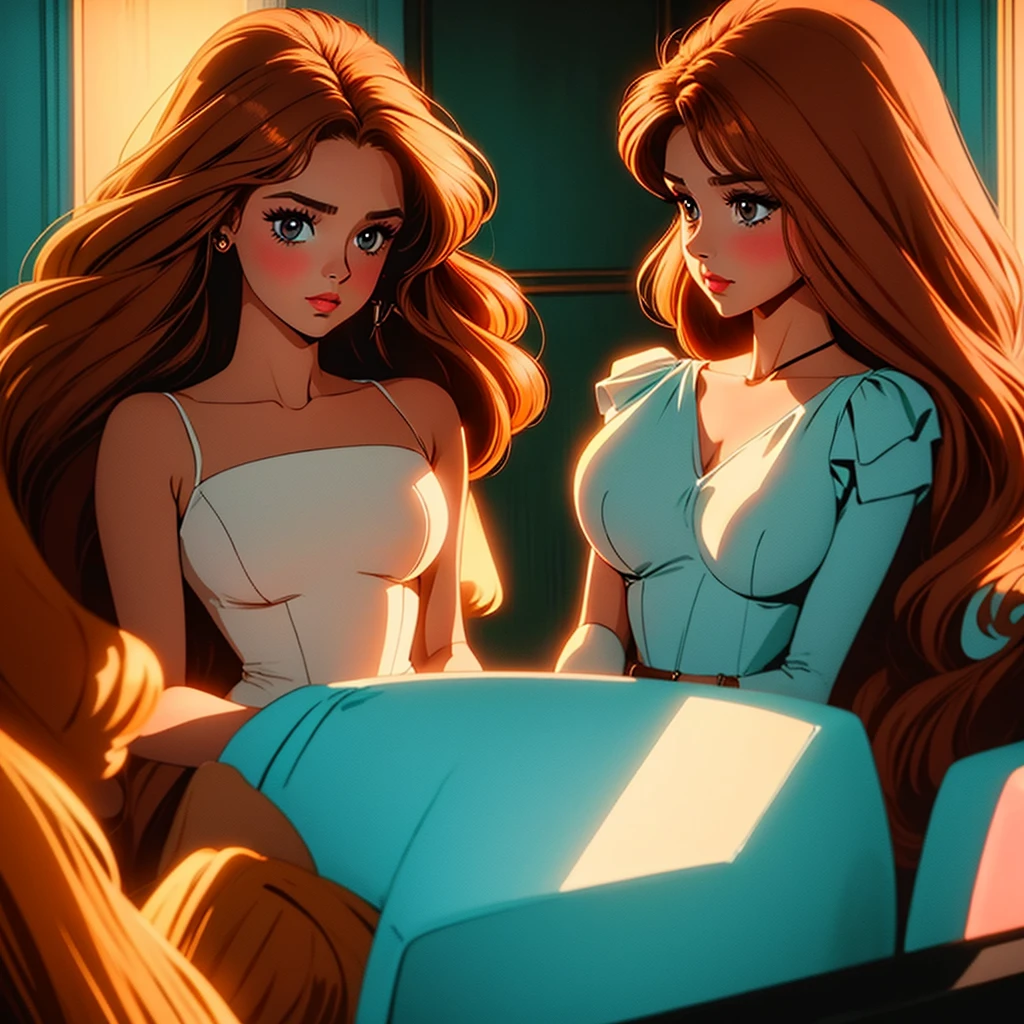 Busty brown haired mother and flat chested blonde teen daughter with seductive looks (bright and vivid colors) (High contrast) (evening light) (salon)