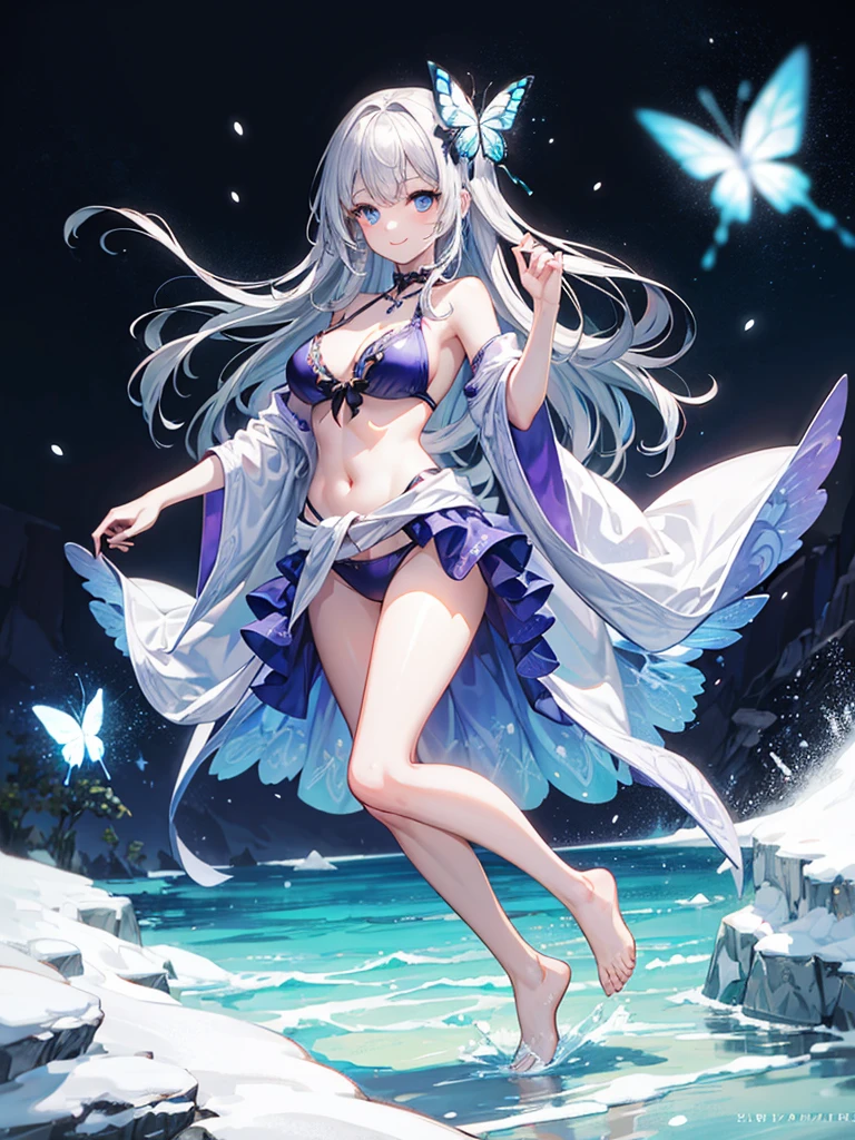 (((masterpiece、Highest image quality、highest quality、highly detailed unity 8kwallpaper)))、
32k, 1girl, solo,
Girl, heavy bangs, long hair to the waist, silver hair, gradation of red-purple tips, ice blue eyes, butterfly princess, snow-white skin, swimsuit, simple bikini, smile, full body