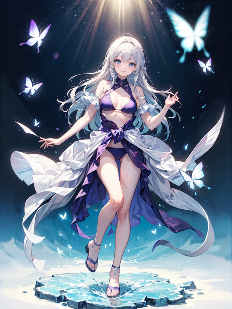 （（（masterpiece、Highest image quality、highest quality、highly detailed unity 8ｋwallpaper）））、

32k, 1girl, solo, 

Girl, heavy bangs, long hair to the waist, silver hair, gradation of red-purple tips, ice blue eyes, butterfly princess, snow-white skin, swimsuit, simple bikini, smile, full body