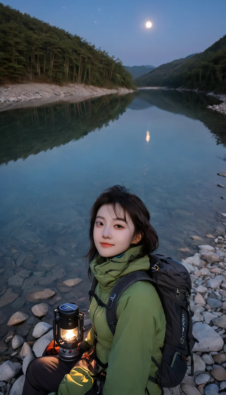 1 female((Upper body selfie, hapiness的)), masterpiece, best quality, Extremely detailed, Solitary, outdoor, (night), Mountains, nature, (Star, moon) hapiness, hapiness的, Backpack, sleeping bag, Camping stove, Water bottle, Hiking boots, Gloves, sweater, have, flashlight, forest, rock, river, wood, smokes, shadow, Compared, Clear skies, Analog style (View Viewer:1.2) (Texture) (Film Grain:1.3), (Warm colors, Warm colors)