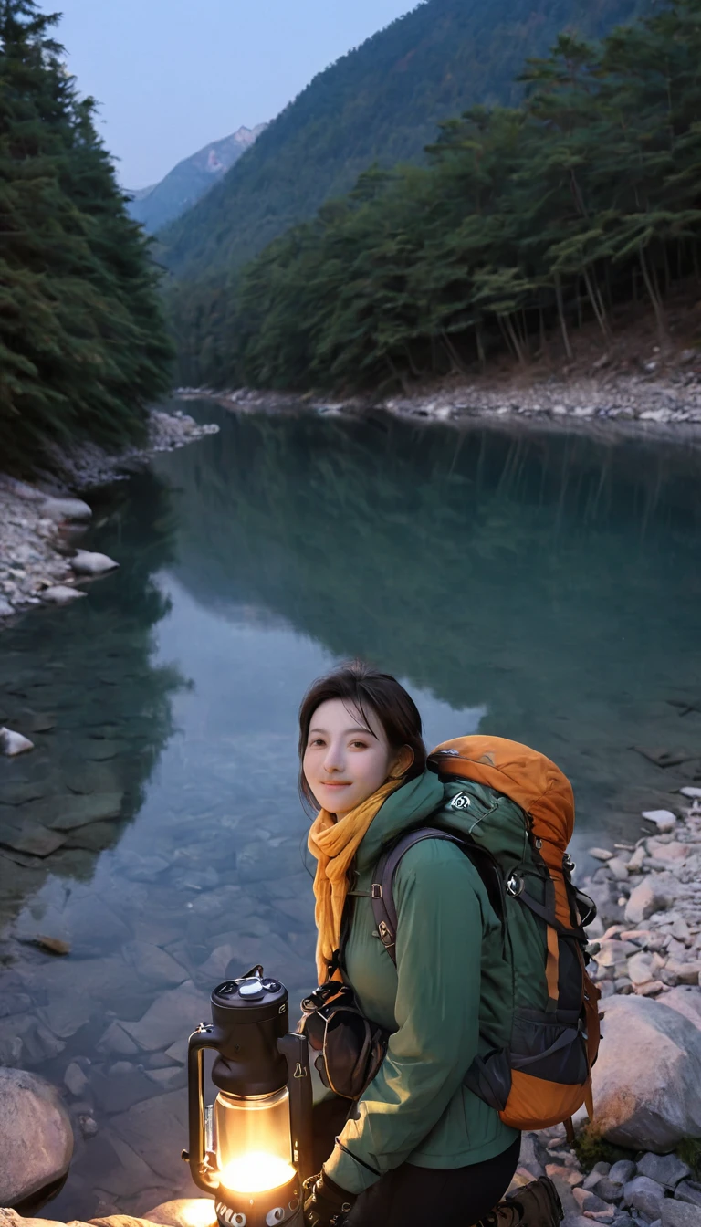 1 female((Upper body selfie, hapiness的)), masterpiece, best quality, Extremely detailed, Solitary, outdoor, (night), Mountains, nature, (Star, moon) hapiness, hapiness的, Backpack, sleeping bag, Camping stove, Water bottle, Hiking boots, Gloves, sweater, have, flashlight, forest, rock, river, wood, smokes, shadow, Compared, Clear skies, Analog style (View Viewer:1.2) (Texture) (Film Grain:1.3), (Warm colors, Warm colors)