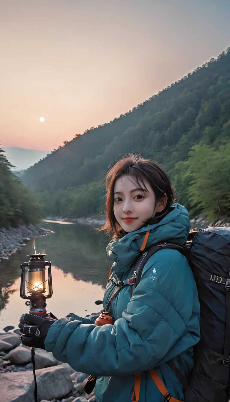 1 female((Upper body selfie, hapiness的)), masterpiece, best quality, Extremely detailed, Solitary, outdoor, (night), Mountains, nature, (Star, moon) hapiness, hapiness的, Backpack, sleeping bag, Camping stove, Water bottle, Hiking boots, Gloves, sweater, have, flashlight, forest, rock, river, wood, smokes, shadow, Compared, Clear skies, Analog style (View Viewer:1.2) (Texture) (Film Grain:1.3), (Warm colors, Warm colors)