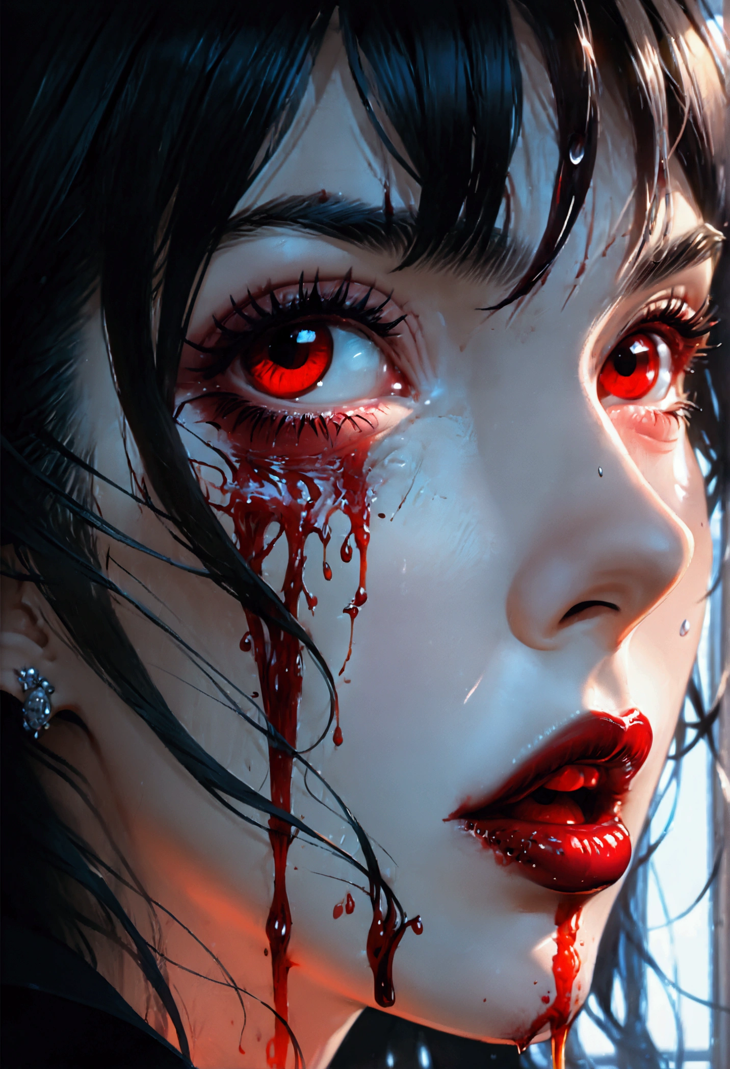 a portrait of vampire with a bloody tear coming down from he eye, an exotic beautiful female vampire, dynamic hair color, dynamic hair style, ultra detailed face, best detailed face, dynamic eye color, ((1single red teardrop, teardrop made of blood coming down from the eye: 1.3)), Ultra-high resolution, High Contrast, (masterpiece:1.5), highest quality, Best aesthetics), 16K fantasy art, best details, best quality, highres, (ultra wide angle: 1.2), 16k, [ultra detailed], masterpiece, best quality, (extremely detailed), dark novel