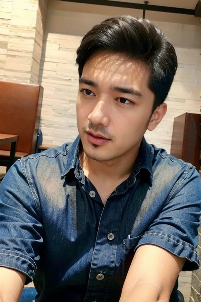 ((realistic daylight)) , Young Korean man in a simple brown t-shirt only, no pattern, denim shirt, and jeans., A handsome, muscular young Asian man looks at the camera.  , in the restaurant ,turn sideways