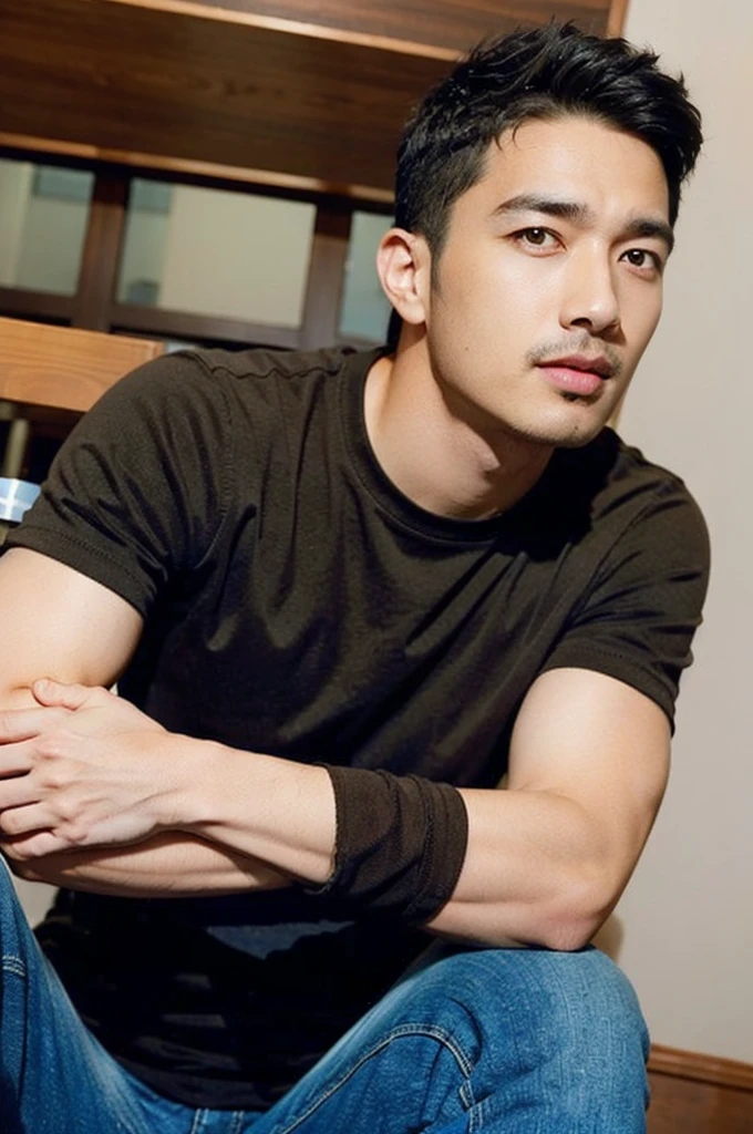 ((realistic daylight)) , Young Korean man in a simple brown t-shirt only, no pattern, denim shirt, and jeans., A handsome, muscular young Asian man looks at the camera.  , in the restaurant ,turn sideways