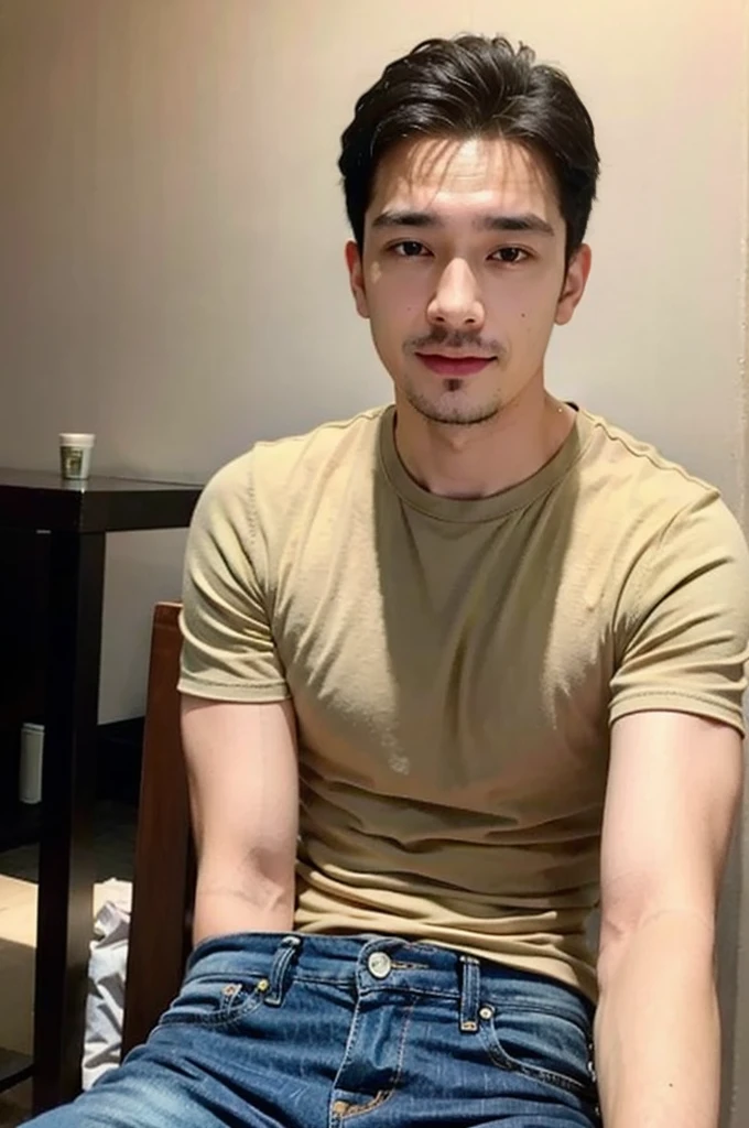 ((realistic daylight)) , Young Korean man in a simple brown t-shirt only, no pattern, denim shirt, and jeans., A handsome, muscular young Asian man looks at the camera.  , in the restaurant ,turn sideways