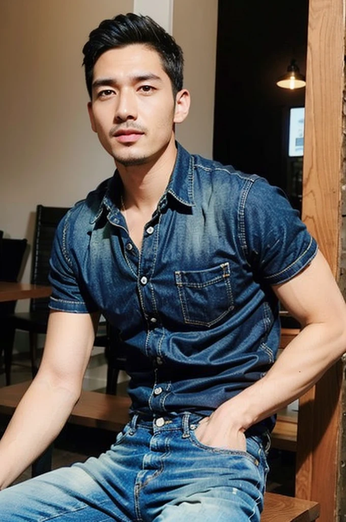 ((realistic daylight)) , Young Korean man in a simple brown t-shirt only, no pattern, denim shirt, and jeans., A handsome, muscular young Asian man looks at the camera.  , in the restaurant ,turn sideways