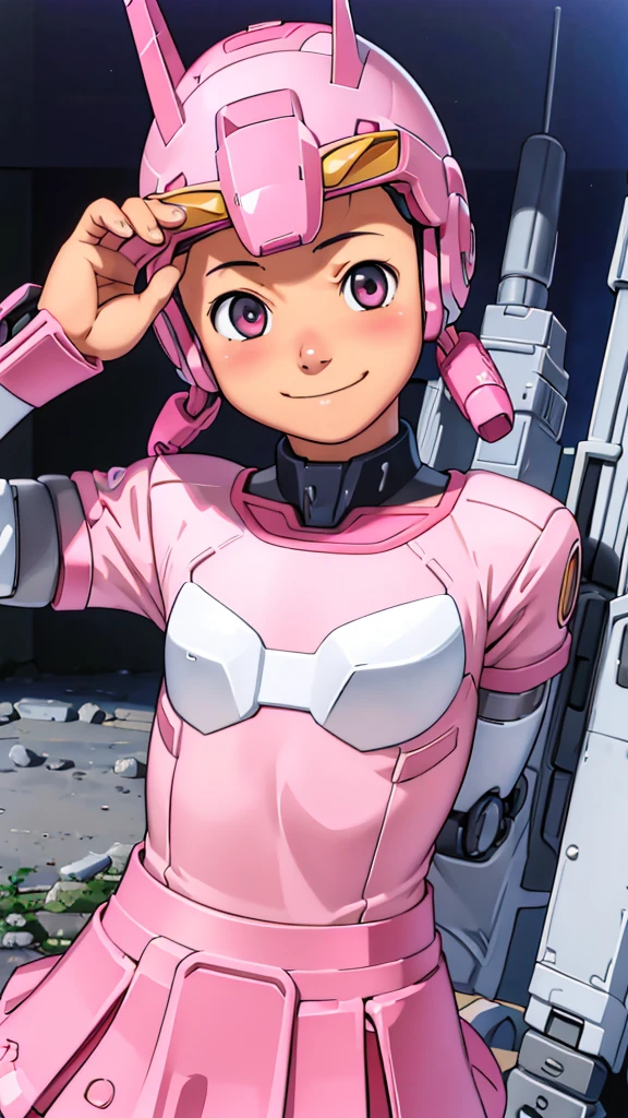 (8k),(masterpiece),(Japanese),(8--old l),((innocent look)),((Childish)),From the front,smile,cute,Innocent,Kind eyes,Flat chest, Shizuka,Mecha suit,pink helmet,pink superhero mask,camisa,no Hair,cyberpunk Tokyo City,pink tshirt, takamichi style , hairless vagina, nsfw 