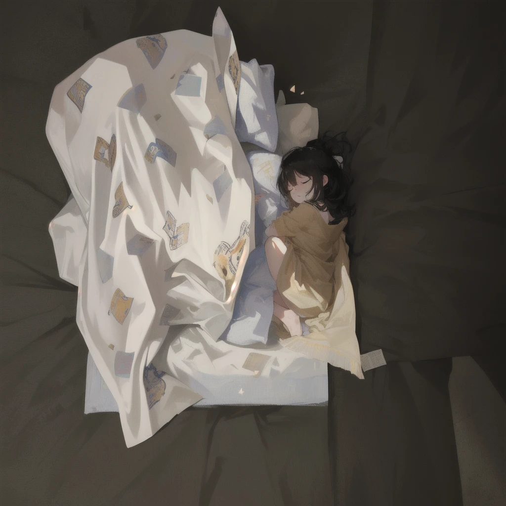 there is a baby Sleep on a bed with a blanket, faint, rest on a tough day, rest, abcdefghijklmnopqrstuvwxyz, Almost dozing off, Inspired by Federico Barrocchi, rest after a hard fight, There's a full potty next to it, rest on a pillow, Sleep, Lying in bed