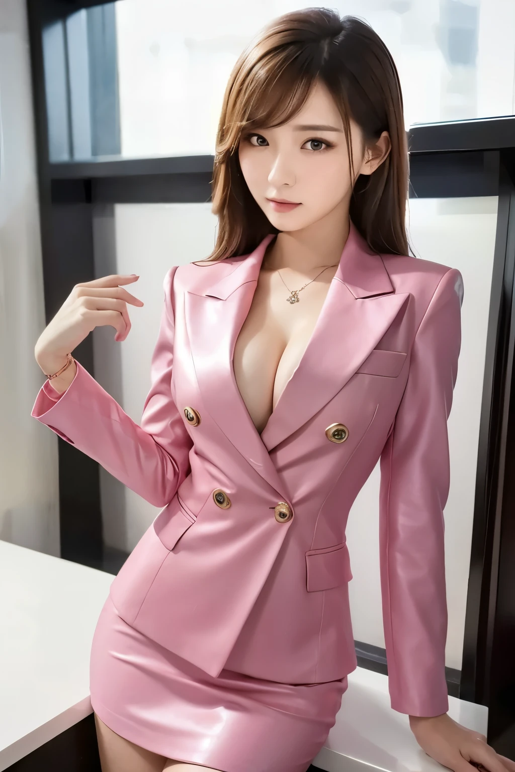 masterpiece、Highest quality、High resolution、Realistic、Beautiful Skin、Slim style、Small breasts、Full Body Shot、formal,pink、 business suit、Double breasted blazer、Leather Tight Skirt、 (Detailed clothing features)、