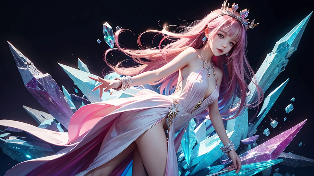 Highest quality,masterpiece,16K,One girl, bangs, Exposing shoulders, chest, Crown, crystallization, dress, From the side, gem,Colorful crystallizations,Crystal Headwear,There are many crystallizations on the clothes,Colorful Gradient Hair,カラフルなdress,Colorful crystals floating,Body crystals,Crystal Necklace,Colorful crystallization decoration,crystalline girl, Gradient Hair, jewelry, Long Hair, compensate, medium chest, Multicolored Hair, Pink Hair, alone, tiara