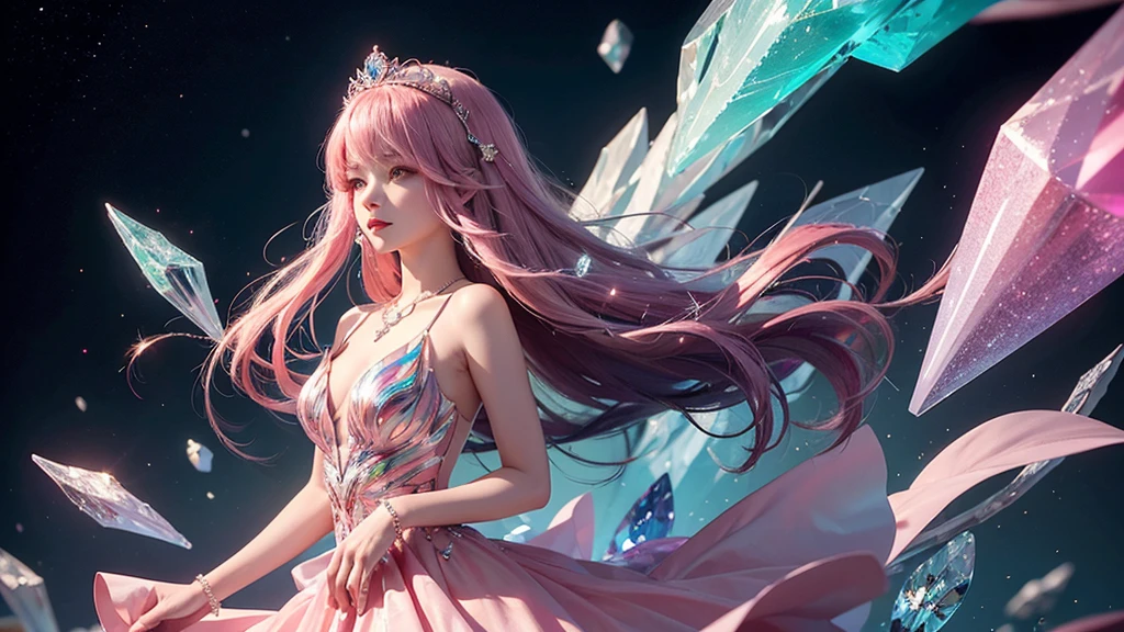 Highest quality,masterpiece,16K,One girl, bangs, Exposing shoulders, chest, Crown, crystallization, dress, From the side, gem,Colorful crystallizations,Crystal Headwear,There are many crystallizations on the clothes,Colorful Gradient Hair,カラフルなdress,Colorful crystals floating,Body crystals,Crystal Necklace,Colorful crystallization decoration,crystalline girl, Gradient Hair, jewelry, Long Hair, compensate, medium chest, Multicolored Hair, Pink Hair, alone, tiara