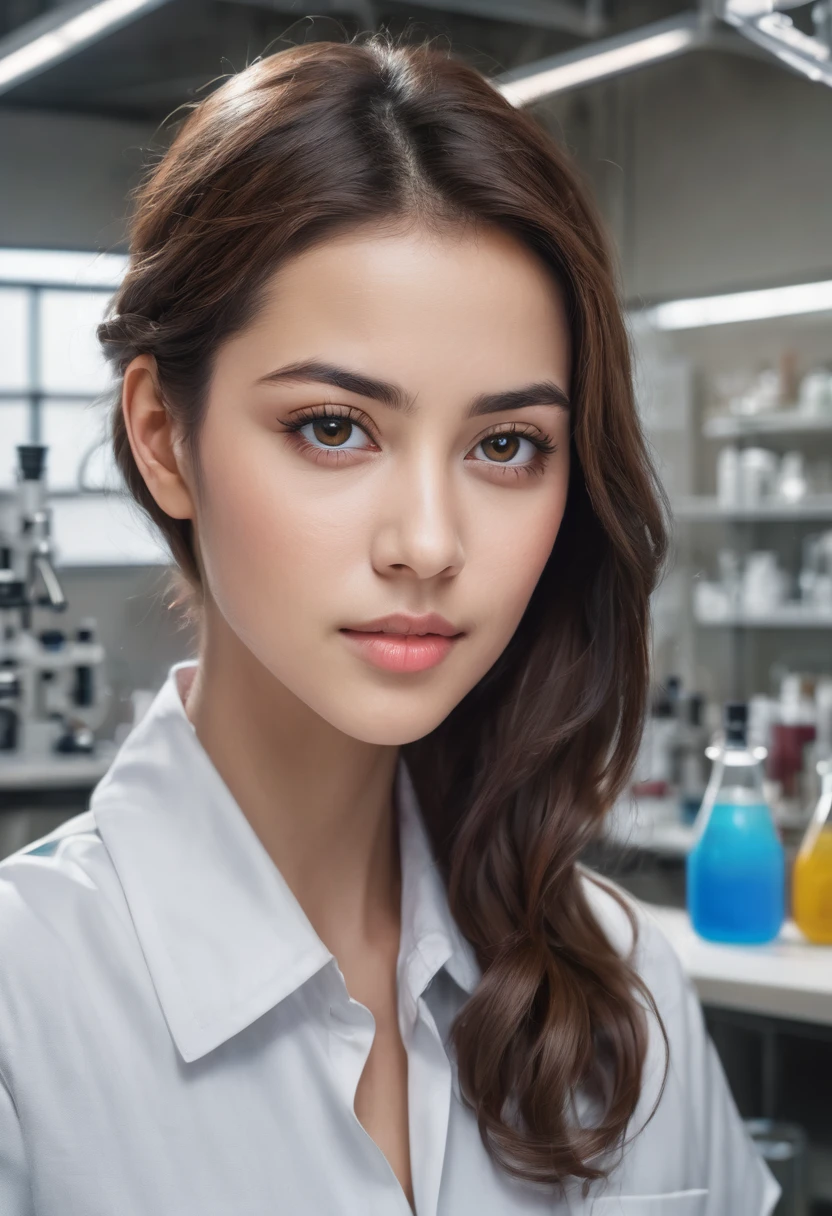 a beautiful girl with slightly curly brown hair, tan skin, standing in a science room, (best quality,4k,8k,highres,masterpiece:1.2),ultra-detailed,(realistic,photorealistic,photo-realistic:1.37),digital painting,photorealistic,intricate details,cinematic,detailed face,beautiful detailed eyes,beautiful detailed lips,extremely detailed facial features,longeyelashes,science equipment,glass jars,microscopes,scientific instruments,wooden table,clean modern interior,warm lighting