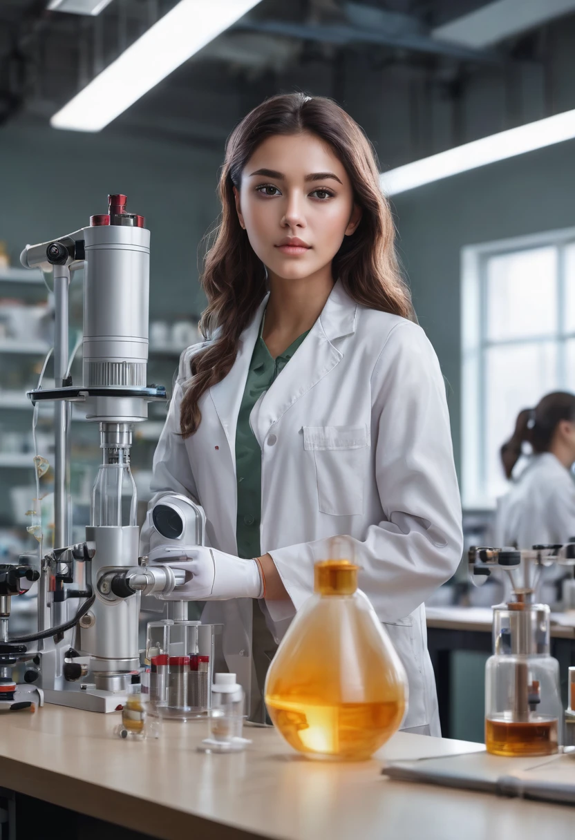 a beautiful girl with slightly curly brown hair, tan skin, standing in a science room, (best quality,4k,8k,highres,masterpiece:1.2),ultra-detailed,(realistic,photorealistic,photo-realistic:1.37),digital painting,photorealistic,intricate details,cinematic,detailed face,beautiful detailed eyes,beautiful detailed lips,extremely detailed facial features,longeyelashes,science equipment,glass jars,microscopes,scientific instruments,wooden table,clean modern interior,warm lighting