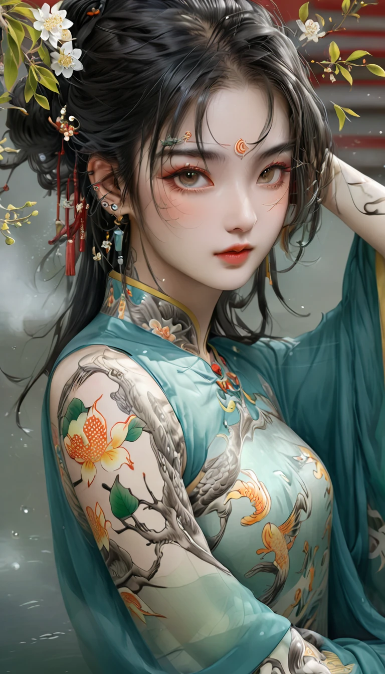 Chinese Beauty, Charming temperament, floating long dress, Clear face, beautiful eyes, Around osmanthus flowers, A masterpiece of perfect body structure proportions, Very detailed, Epic creation, Color Tattoo Art, Neo-Traditional Tattoo Art, SD tattoo design, Color Tattoo Art, mystery、enthusiasm、Friendly atmosphere, Surrealism, Ultra HD, high quality, best quality, 32K --v 6