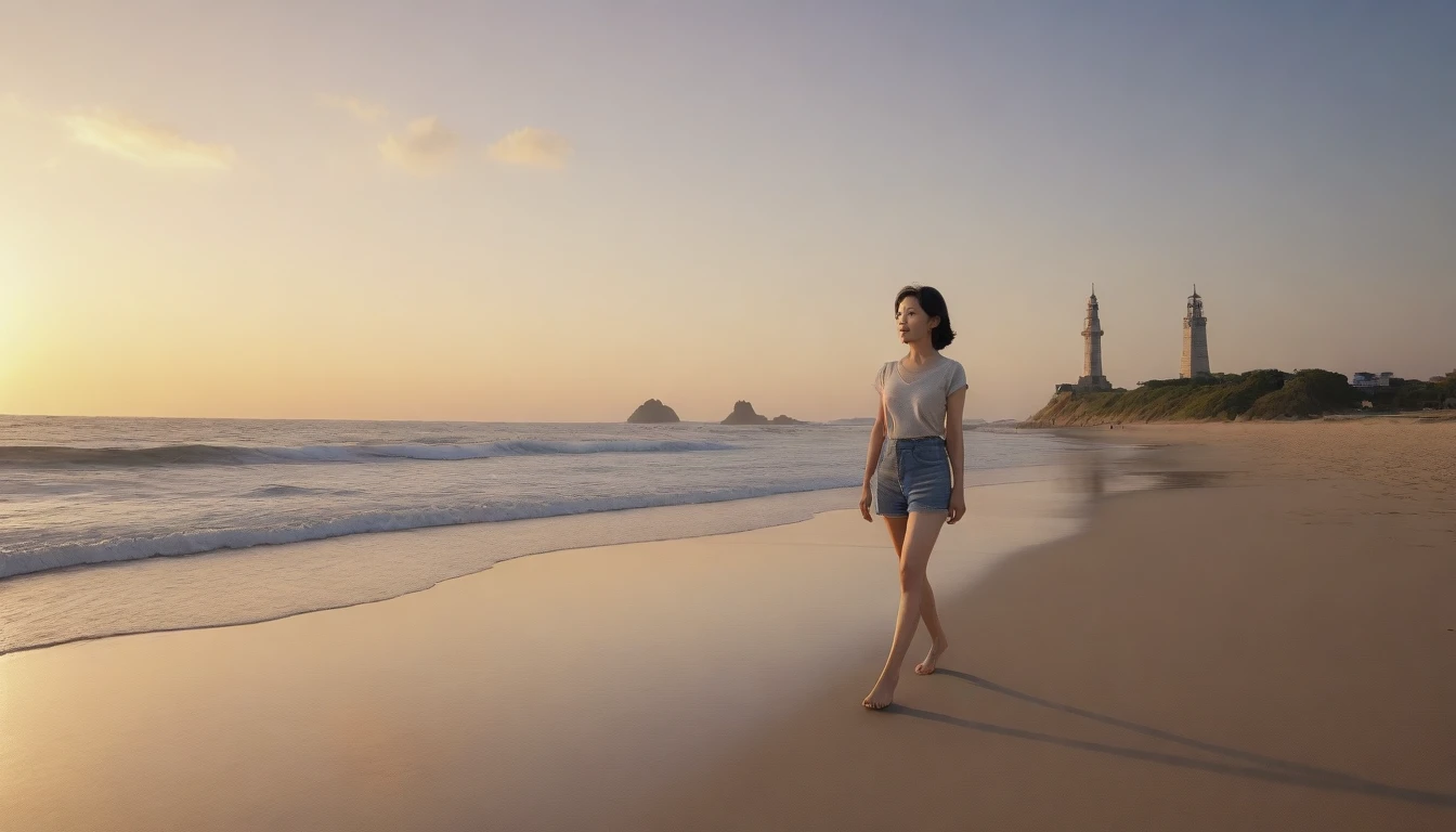 8k realistic, lifelike photo, long deserted beach, 36 year old Korean woman, Short in stature, front view, tower, shorts, short medium hair, Woman walking along the beach at sunset. Full body shot from afar with a wide angle lens , burning sunset light, 1 woman, Short in stature, looking at the camera