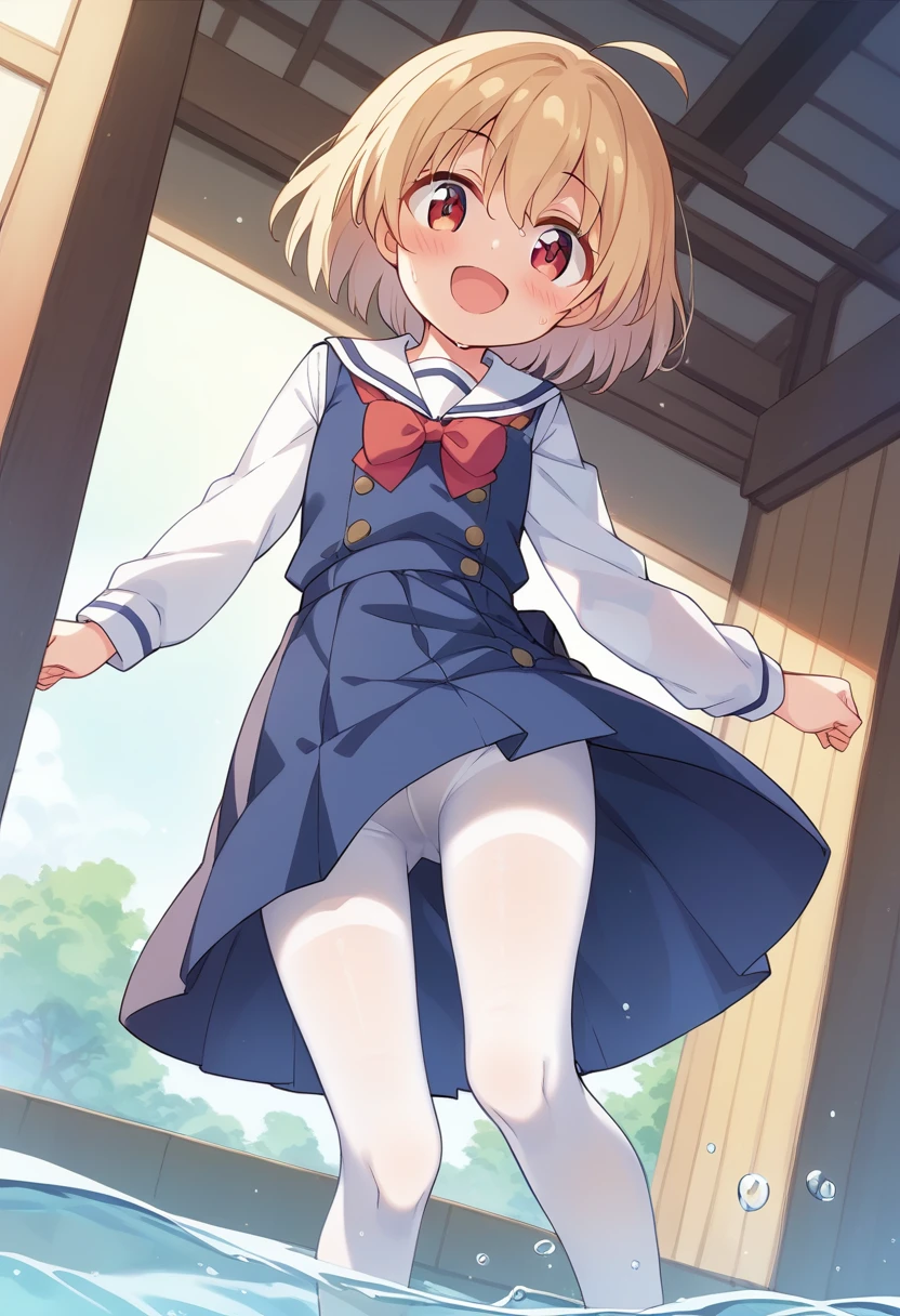 score_9, score_8_up, score_7_up, source_アニメ, masterpiece, 1girl, watahana, blue dress, sailor dress, pinafore dress, white sailor collar,white shirt, red bowtie, long sleeves, flat chest, white pantyhose, loafers, White socks、cowboy shot, looking at viewer, indoors, open mouth, shiny hair, smile, Open your mouth, cuteポーズ, (Completely flooded)、Immersed in water、Transparent pool, Water Play, Primary school students、Skirt fully open、Long wide skirt、cute、blush、Watery eye、Lots of water、Wet、((The skirt spreads over the water surface.))、(Drowning)、