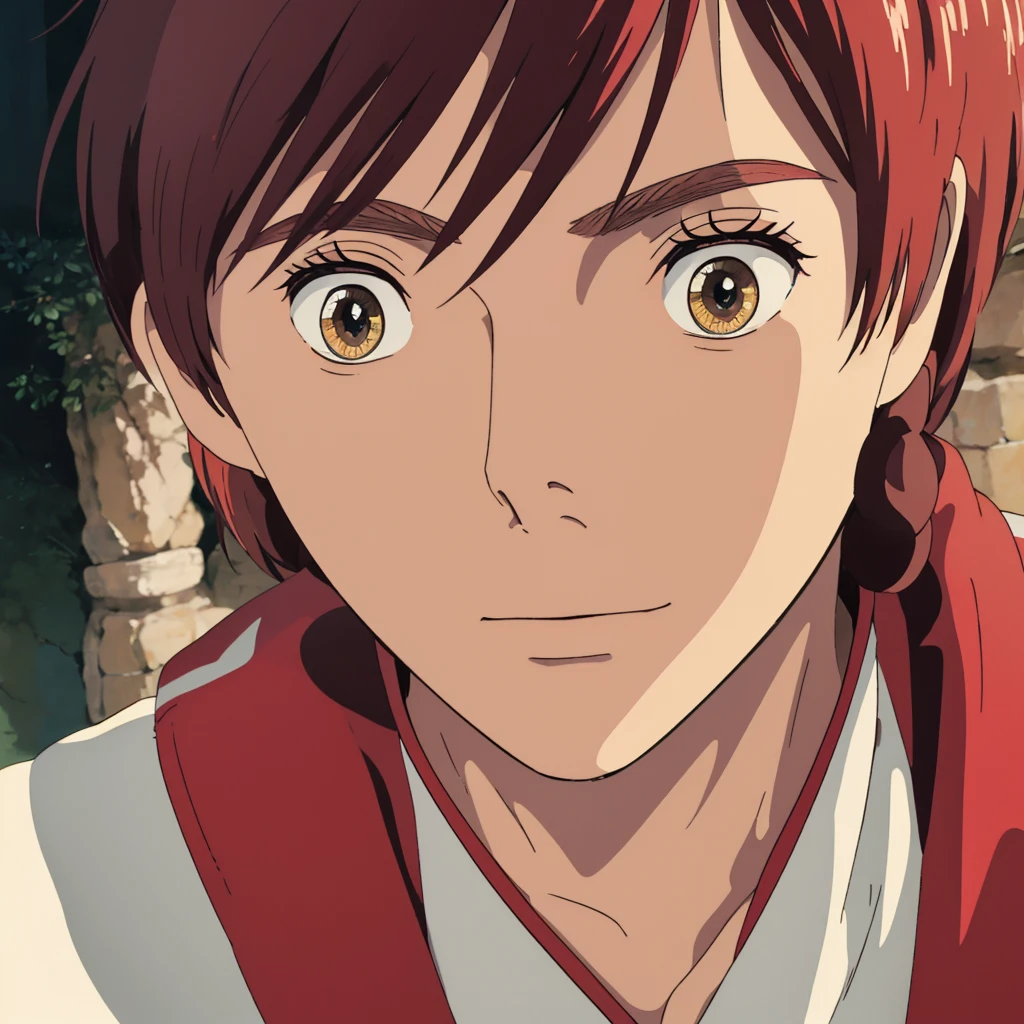 A beautiful Teenage boy standing with his hairs fluttering in wind, his crimson eyes shining in the dark, a slight smirk on his face, Blood red Crimson hair, a hint of seriousness in his face, beautiful detailed face, detailed eyes, detailed anime background, 