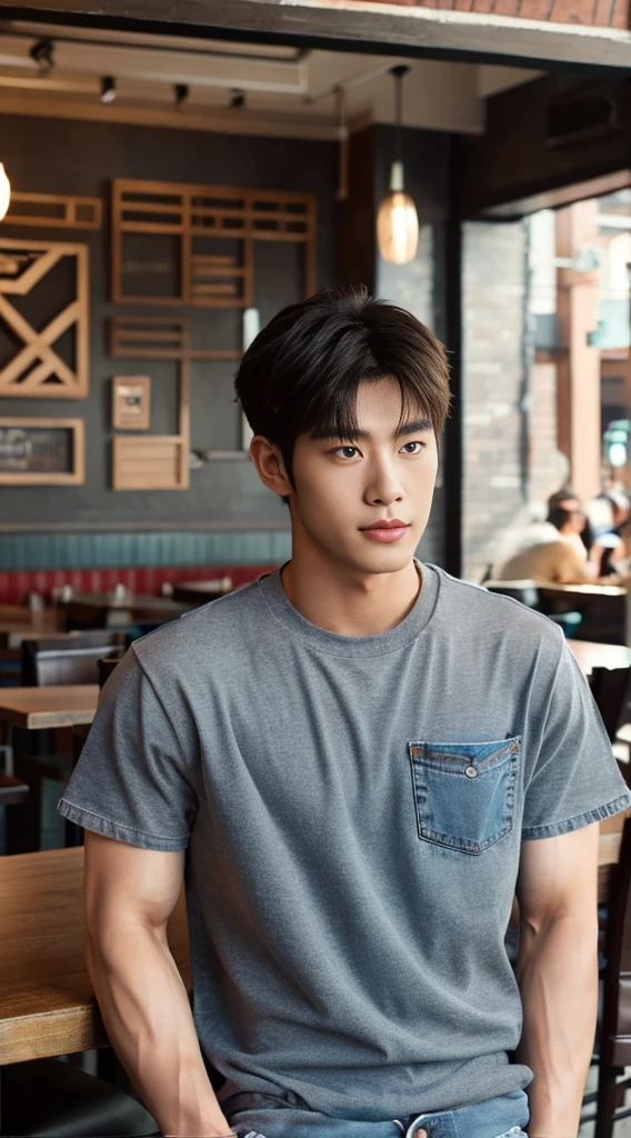 ((realistic daylight)) , Young Korean man in a gray t-shirt Denim shirt, jeans, A handsome, muscular young Asian man looks at the camera. , in the restaurant ,turn sideways