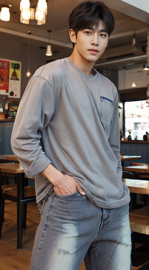 ((realistic daylight)) , Young Korean man in a gray t-shirt Denim shirt, jeans, A handsome, muscular young Asian man looks at the camera. , in the restaurant ,turn sideways